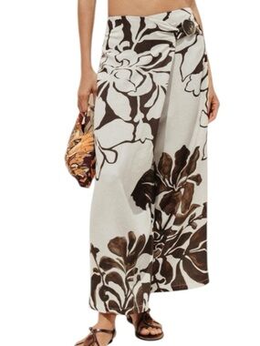 Zara Floral Wide Leg Crop Pants Brown Cream Wrap XS Boho Tropical Resort